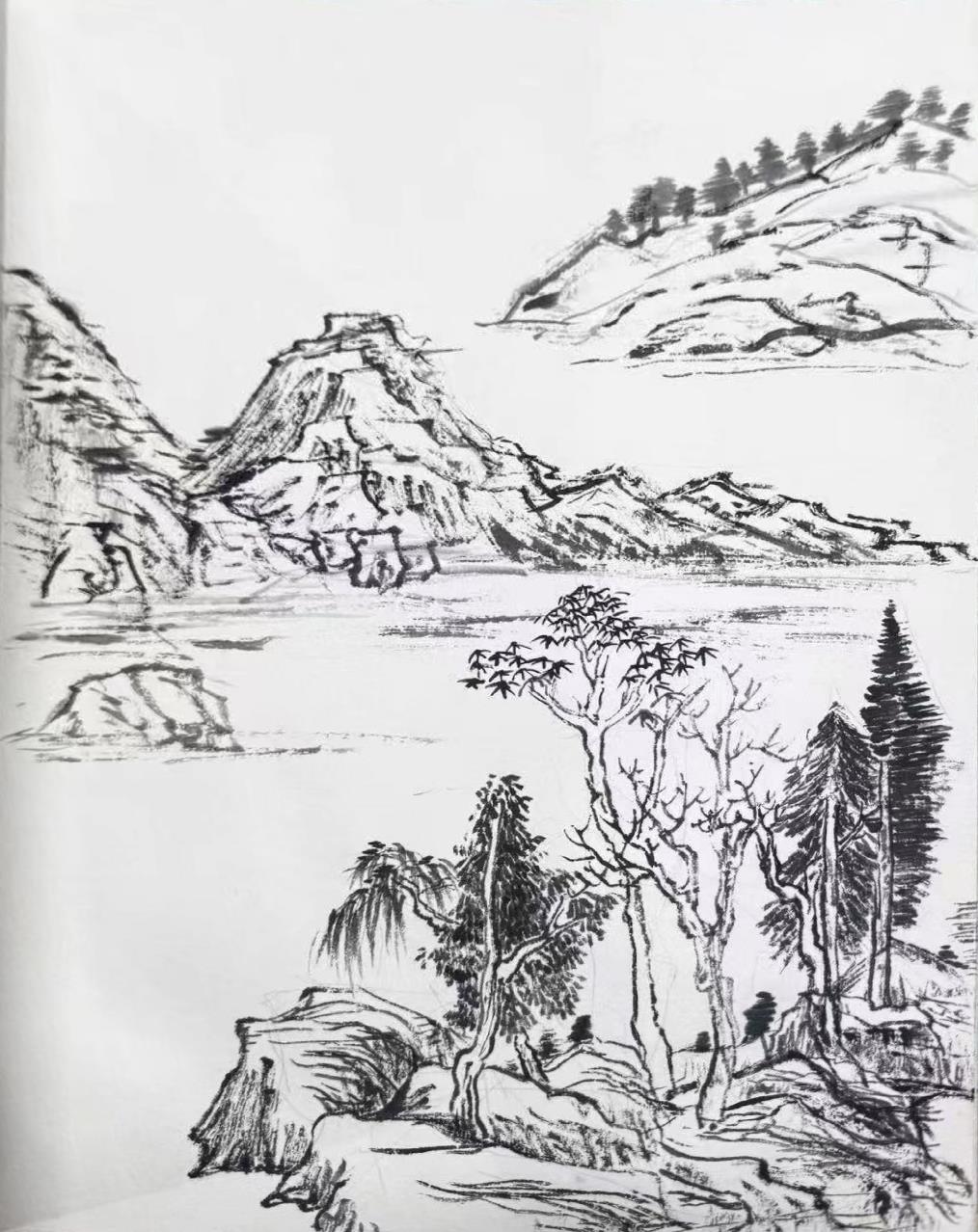 Black and white ink and charcoal landscape sketch of layered mountains around a still stream, pine trees in the foreground