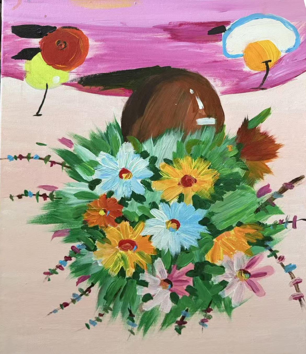 Acrylic still life painting of a colorful flower bouquet in a brown vase with fruit scattered on a pink tablecloth