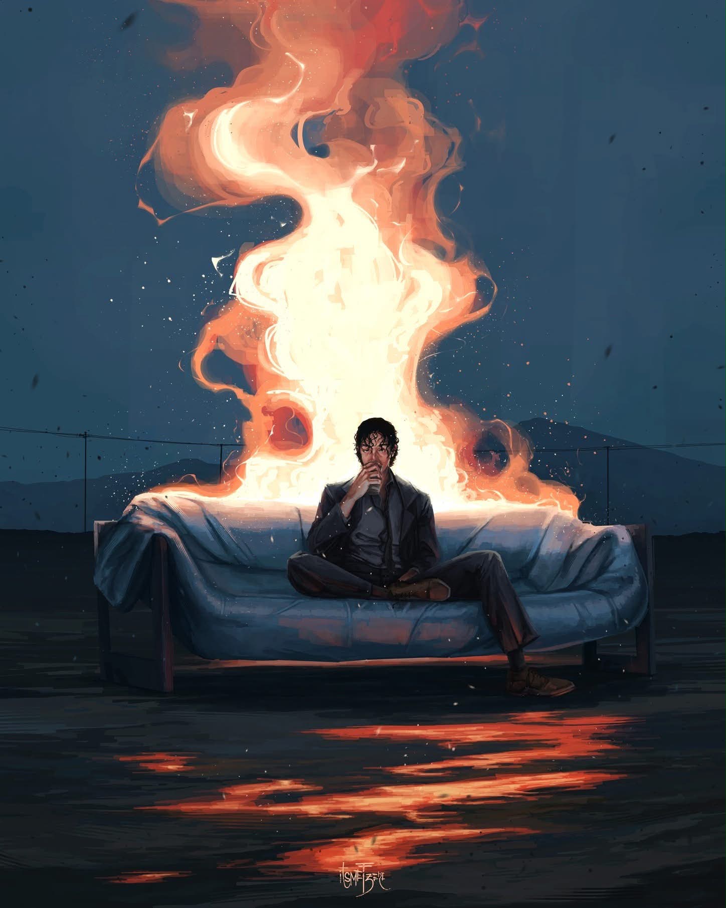 Digital painting of a man sitting cross-legged on a couch outdoors, a towering wall of fire rising behind him, its glow reflected in the ground below