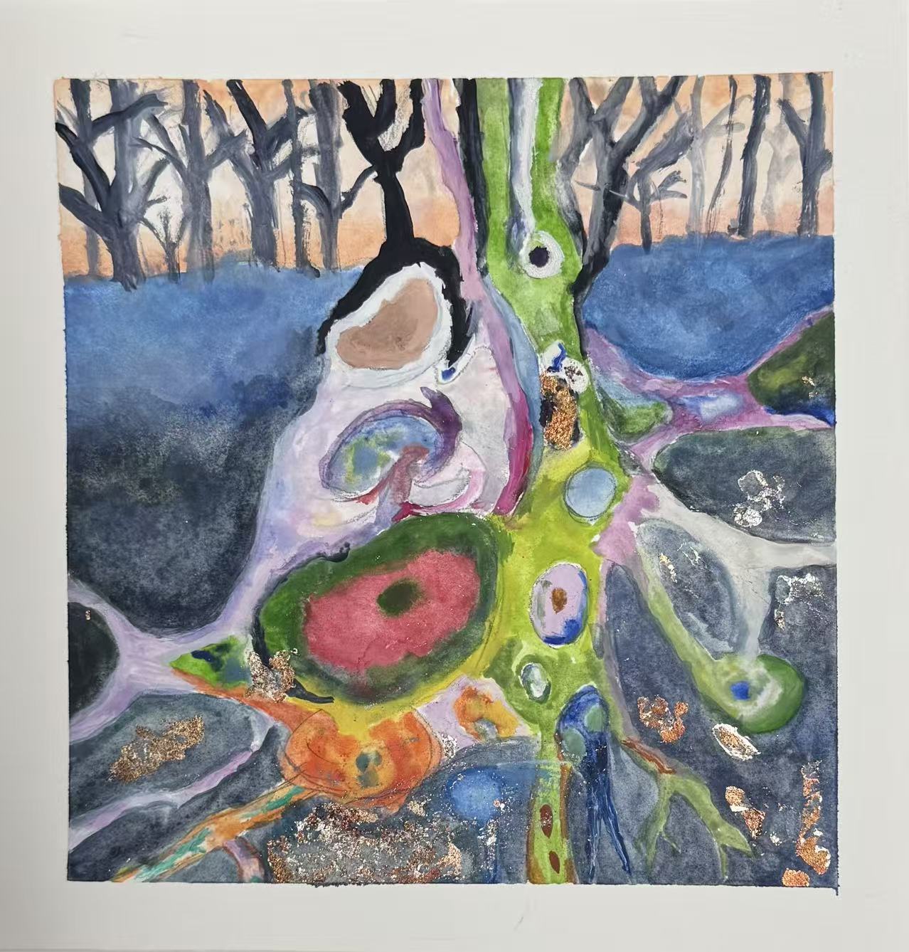 Watercolor of surreal tree roots dissolving into biological forms in blue, green and pink, with gold leaf accents and bare trees above