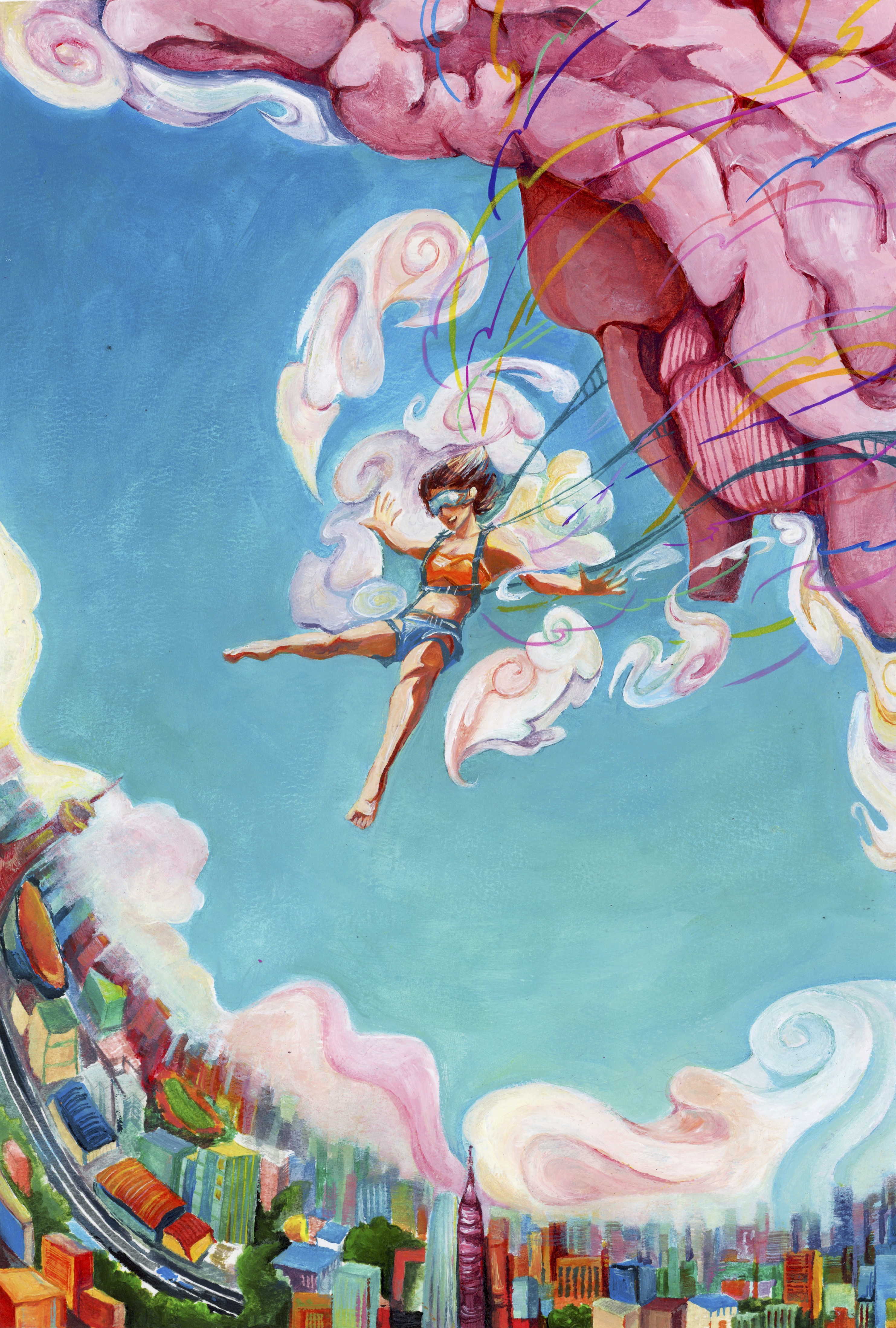 Painting of a woman skydiving from a giant pink brain in the sky above a colorful city skyline