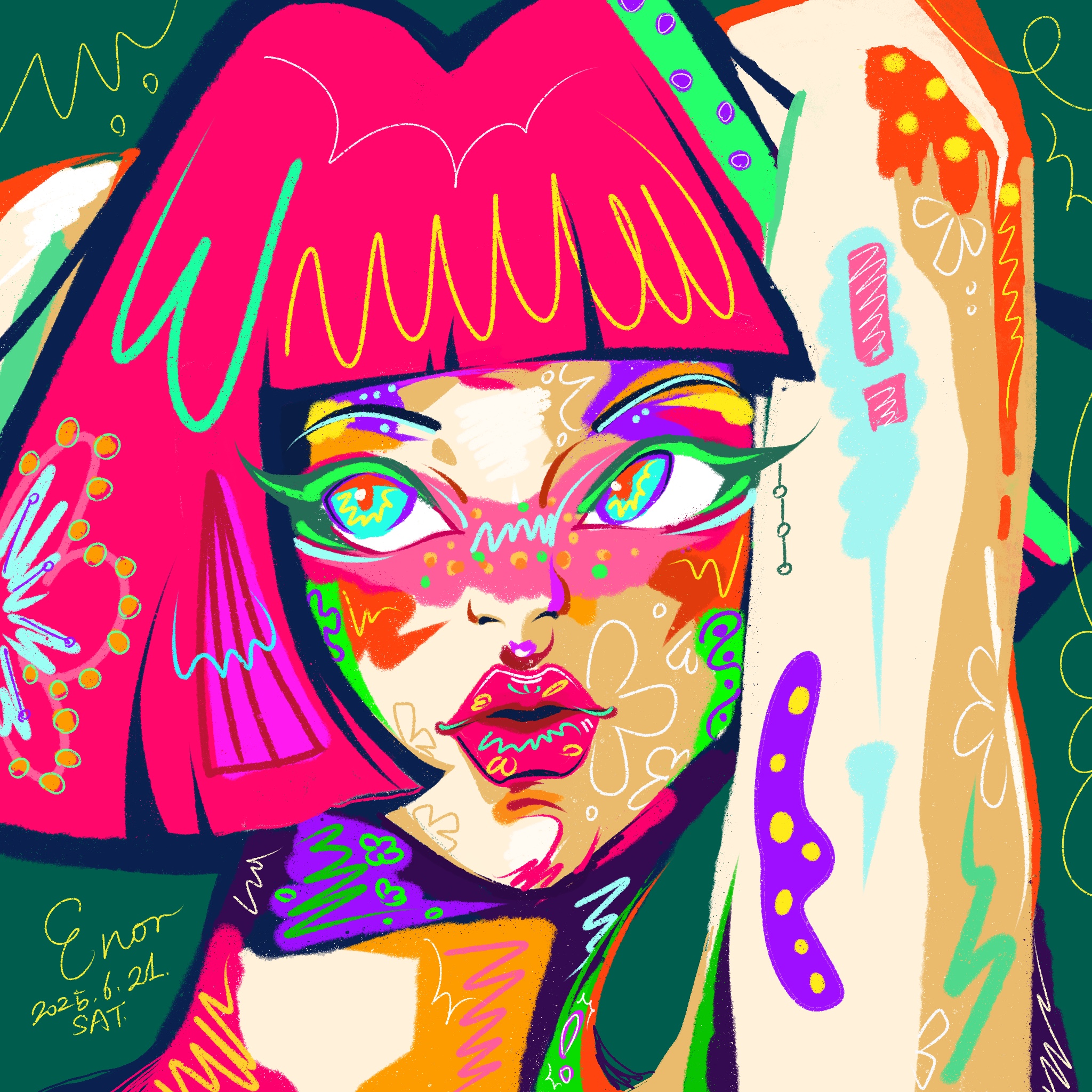 Close-up digital illustration of a face rendered in vivid teal, magenta and orange with swirling decorative linework