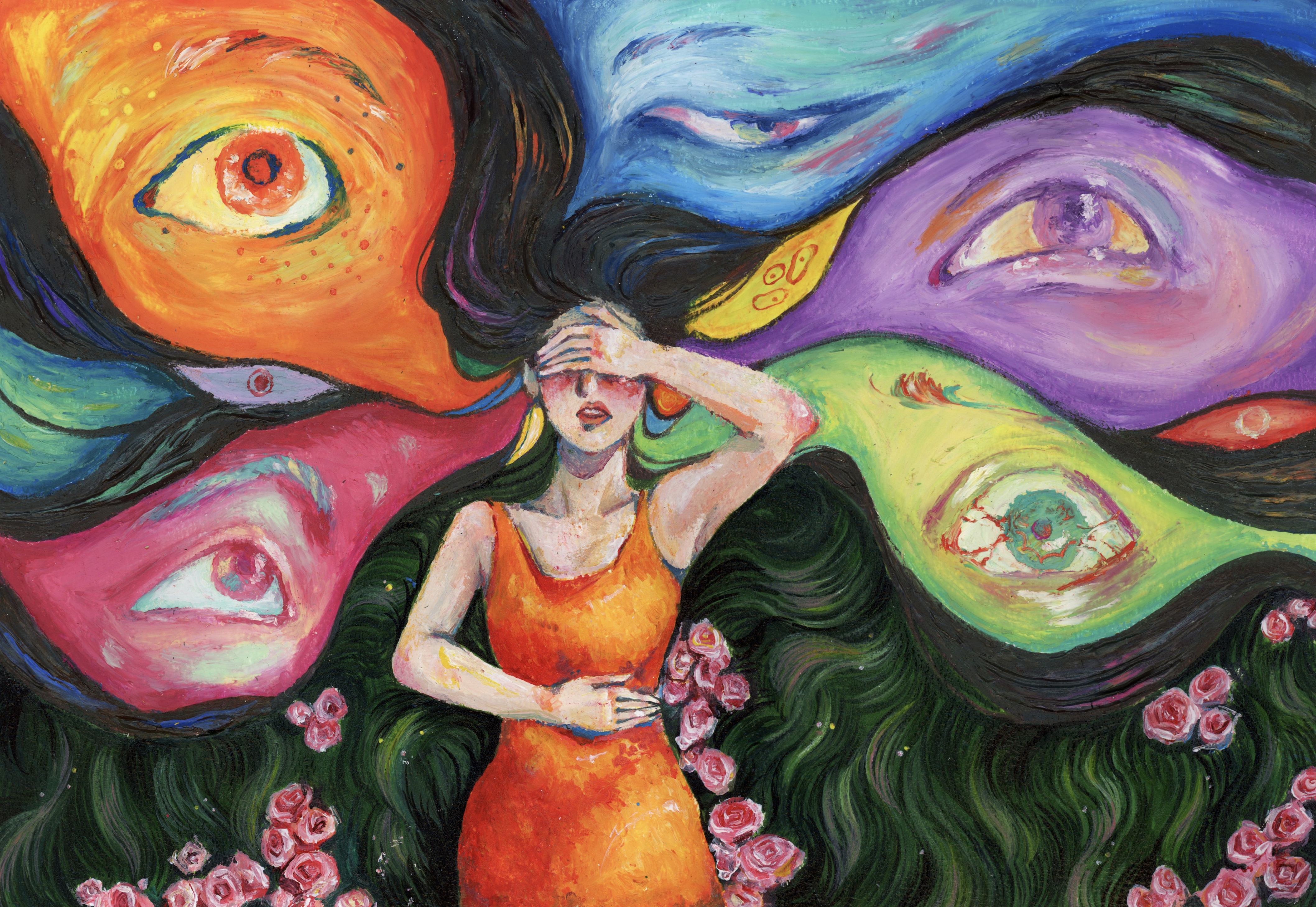 Surreal oil painting of a woman covering her eyes, surrounded by colorful cloud-like forms each containing a watching eye