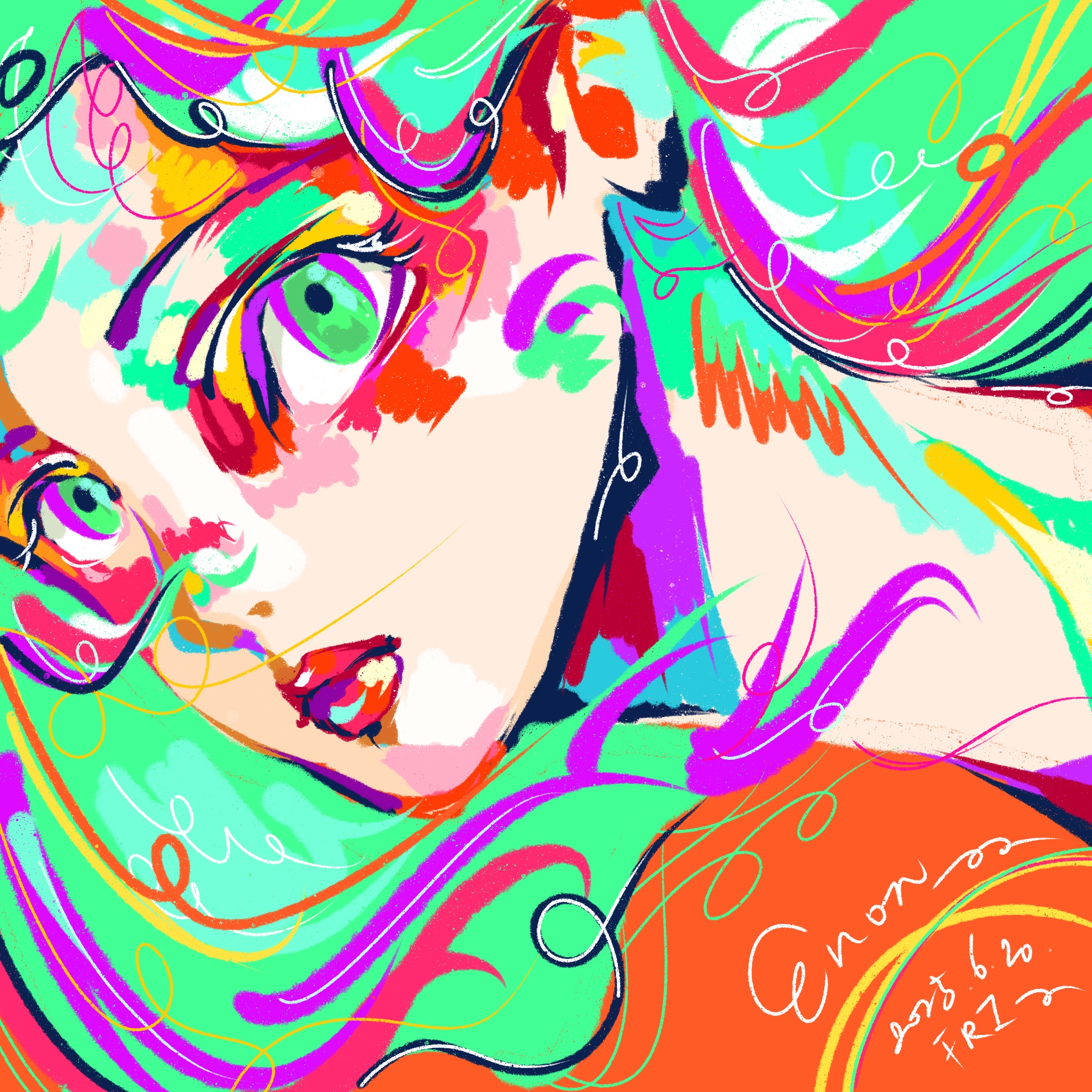 Vivid abstract digital portrait of a face rendered in swirling green, pink and orange linework