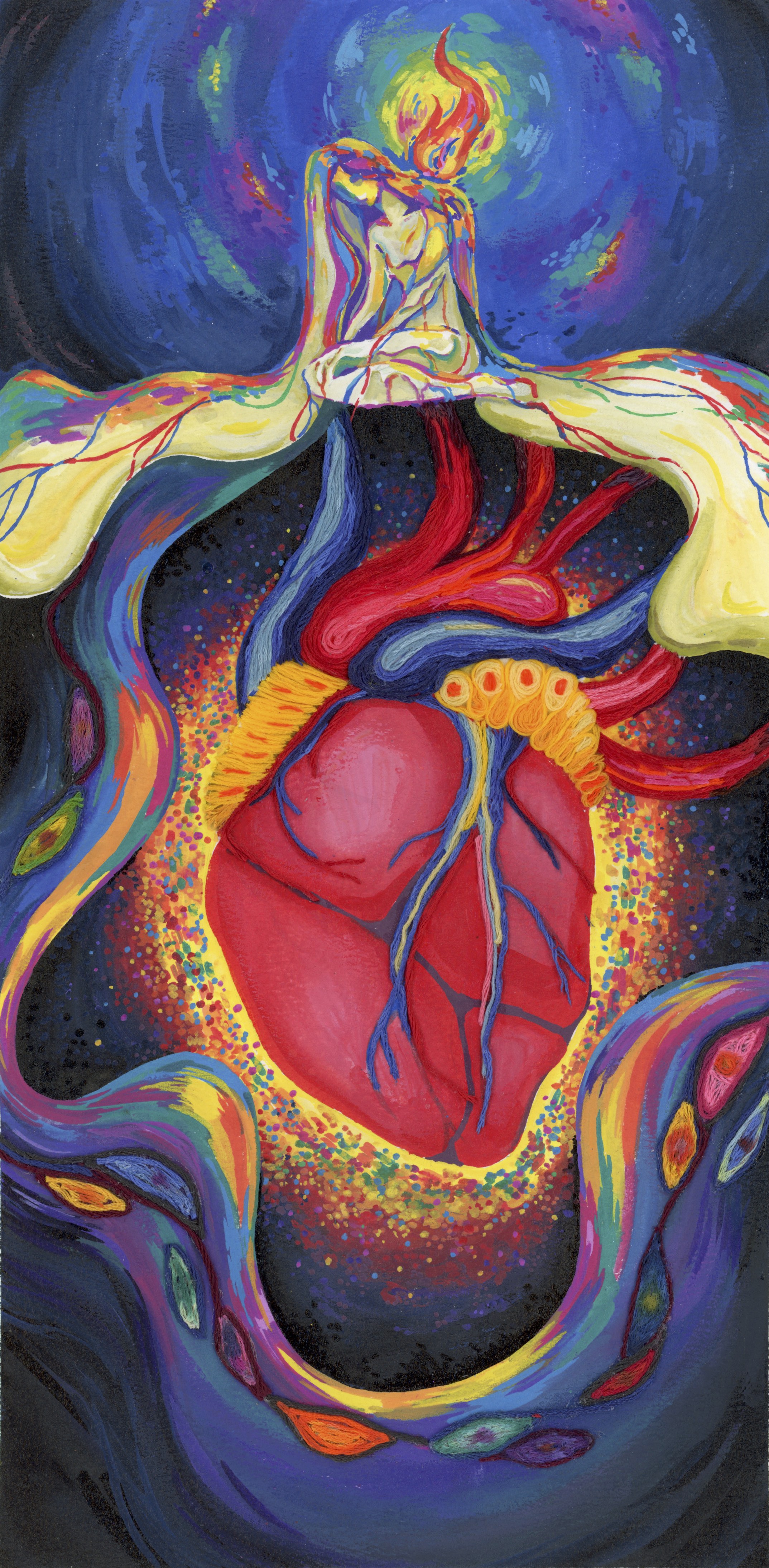 Surrealist painting of an anatomical heart threaded with colorful embroidery beneath a flame-haloed figure